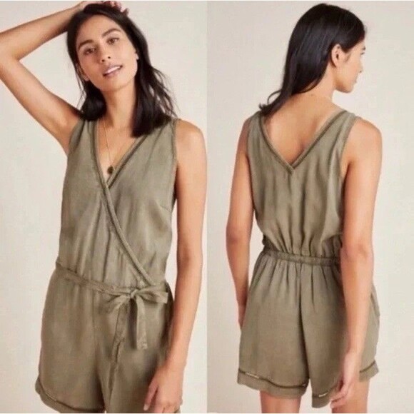 Anthropologie Cloth & Stone Romper Womens S Green Burlingame Wrap Beachy Jumper - Picture 1 of 16